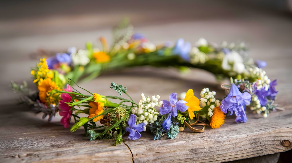 A flower crown resting on a tabletop