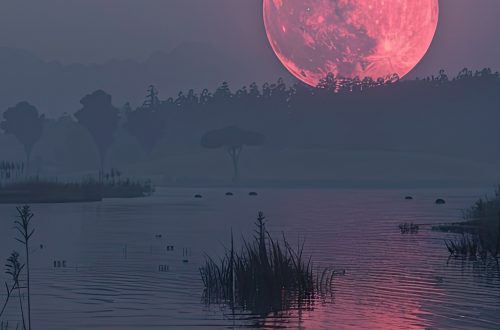 A rose-tinted strawberry full moon rising above a lake