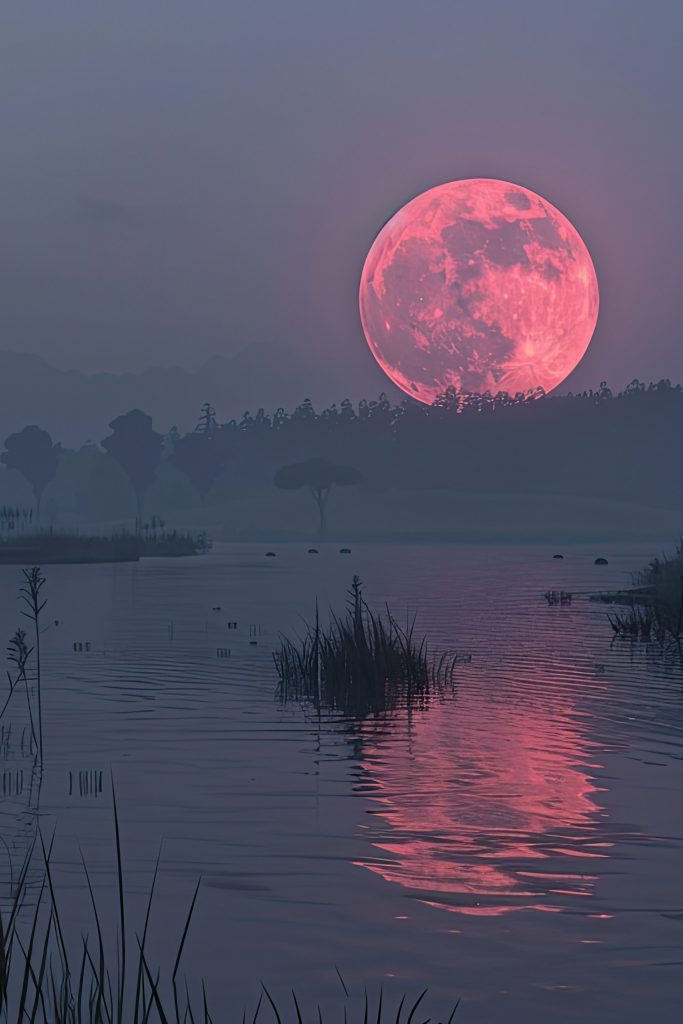A rose tinted Strawberry Moon rising above a lake.